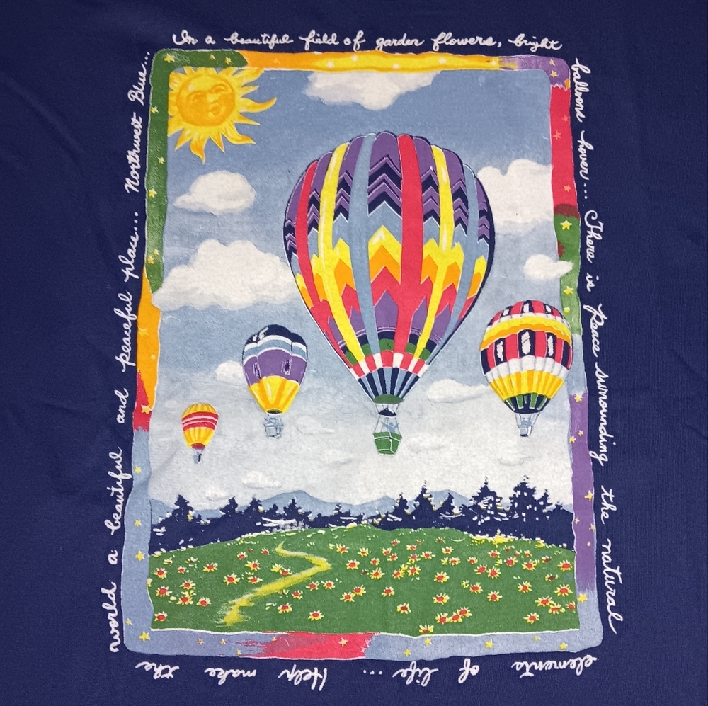New 90s Northwest Blue Rainbow Hot Air Balloon Shirt Vintage Tee Flower Garden